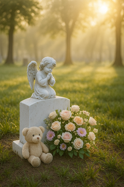 Child’s grave with a kneeling angel statue, fresh pastel flowers, and a soft teddy bear, illuminated by the warm morning sun.