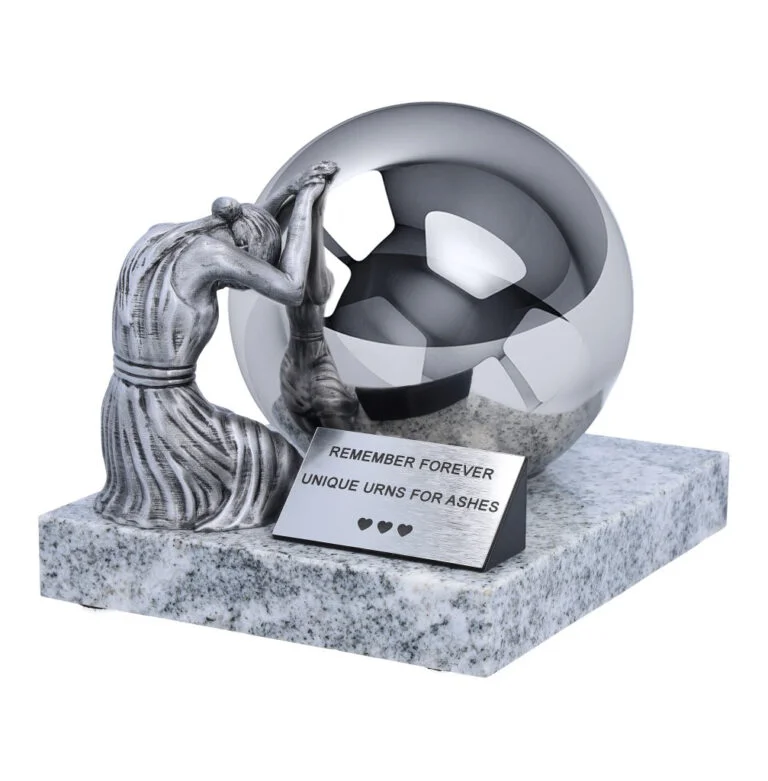 In The Hands of Angel memorial child urn with a stainless steel sphere held in sculpted silver angel hands