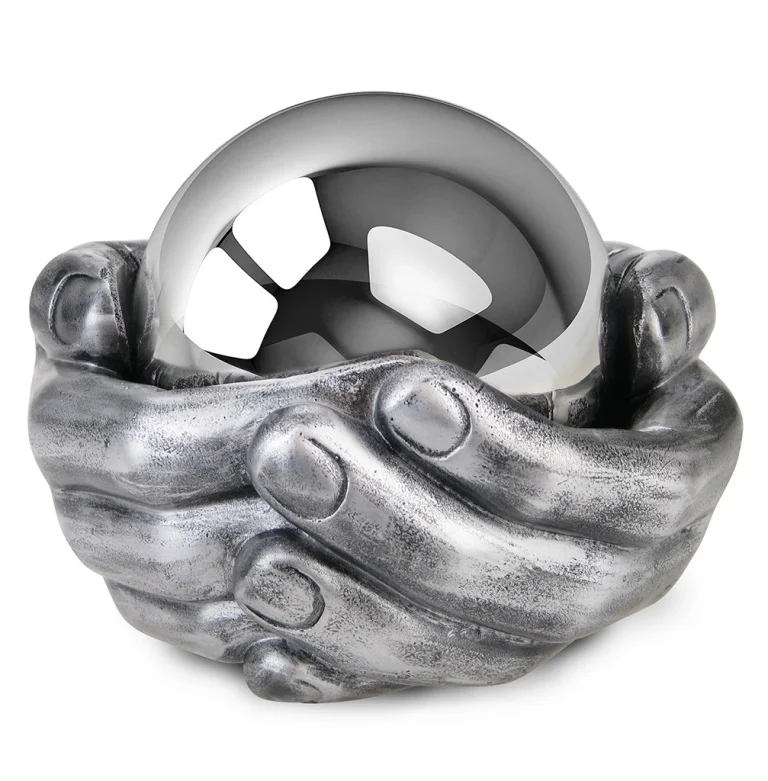 Sculpture urn for a child with a mourning mother figure leaning over a polished stainless steel sphere on a granite base