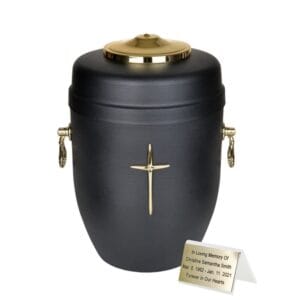 Cross Black Urn for personalized, metal christian urns
