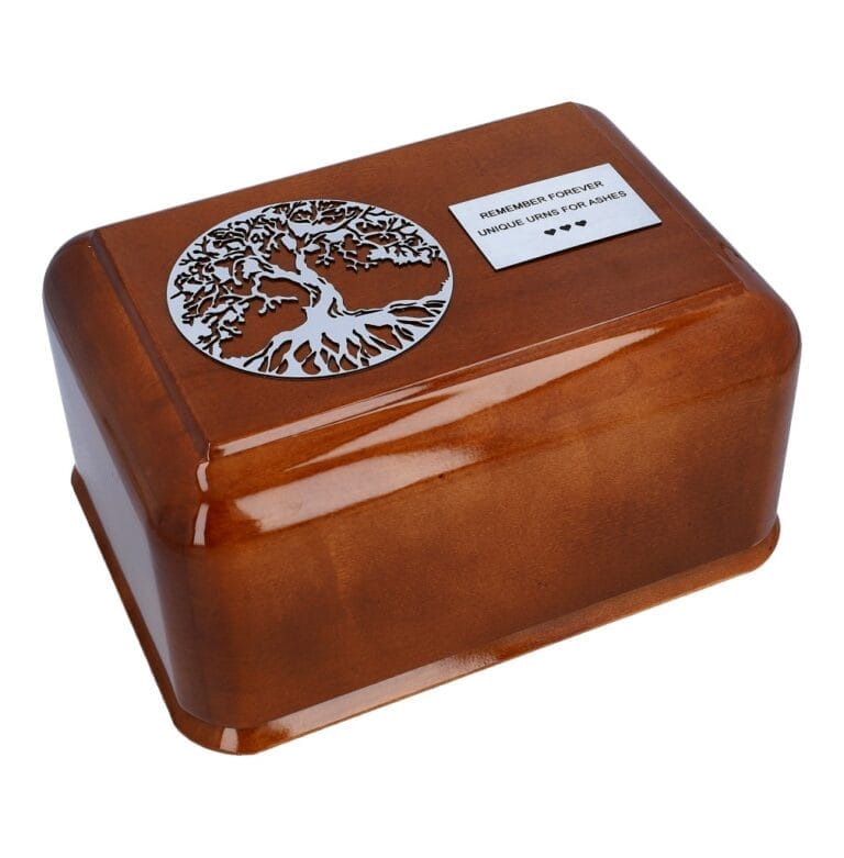Decorative wooden urn with tree of life