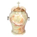 stone cremation urn with a rose, funeral stone urn