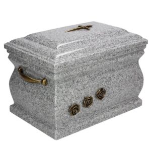 A grey cremation urn made of granite, grey urn with cross