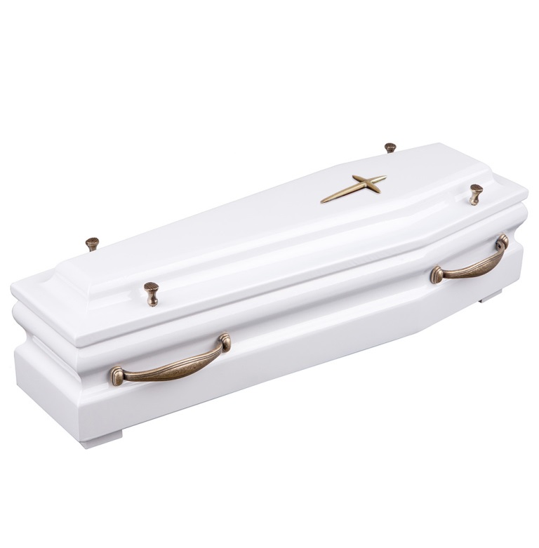 mini white coffin with a cross