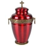 red cremation urn for ashes with cross