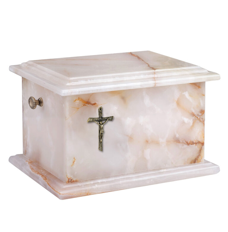 white onyx urn with a cross
