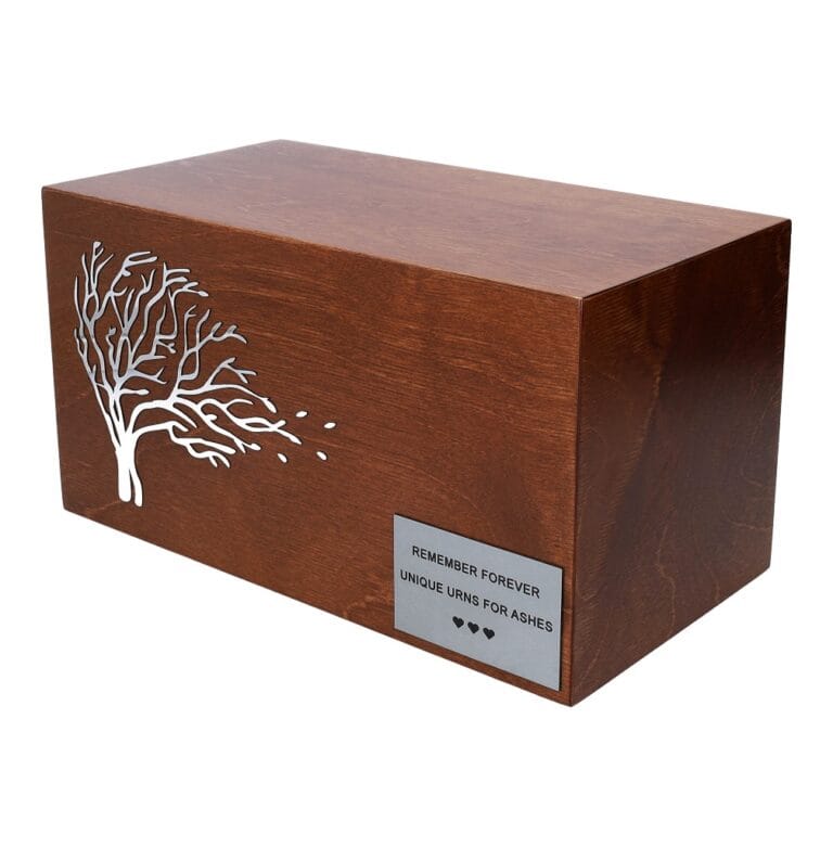 Adult artistic cremation box with a tree, wood box with emorial plaque