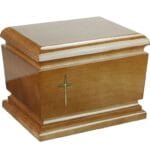 wood urn with cross