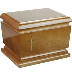 wood urn with cross