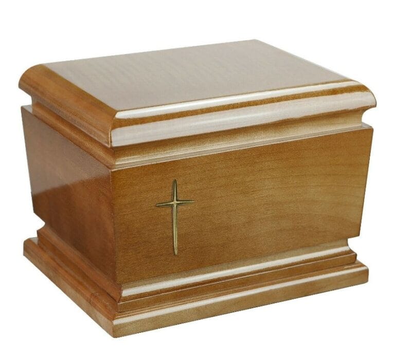 wood urn with cross