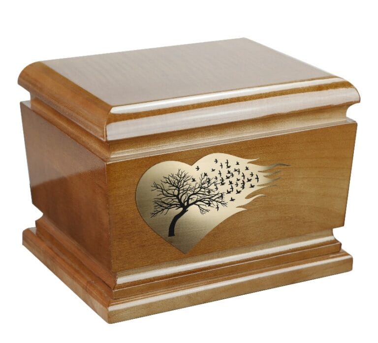 wood urn with tree of life emblem