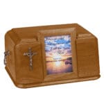 Wooden urn with a picture