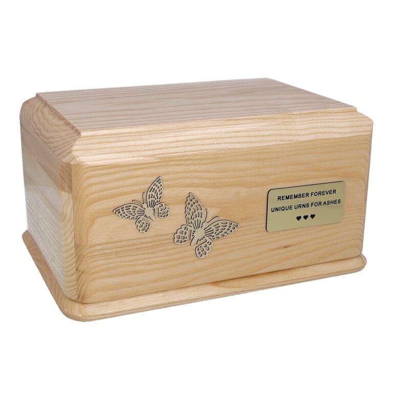 light wood urn butterflies plaque