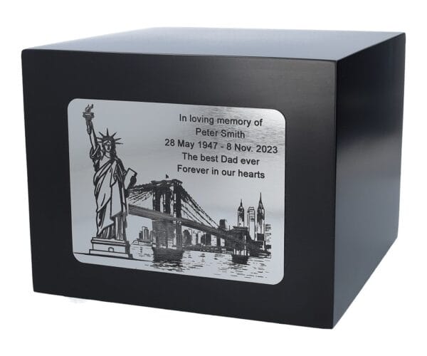 New York urn for human ashes Black cremate box, engraved urn