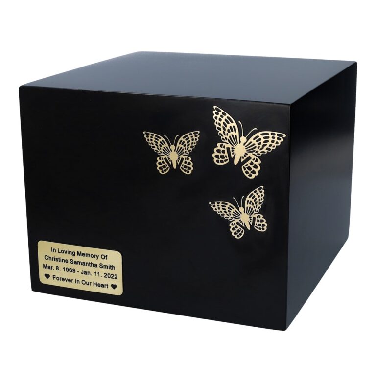 Box for ashes with butterflies, Czarna urna pudełko na prochy z motylami