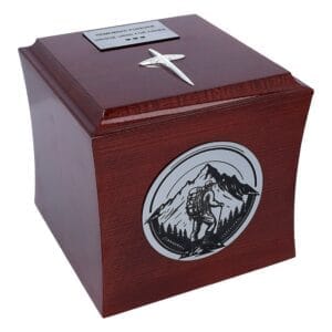 Wooden urn with mountain and cross