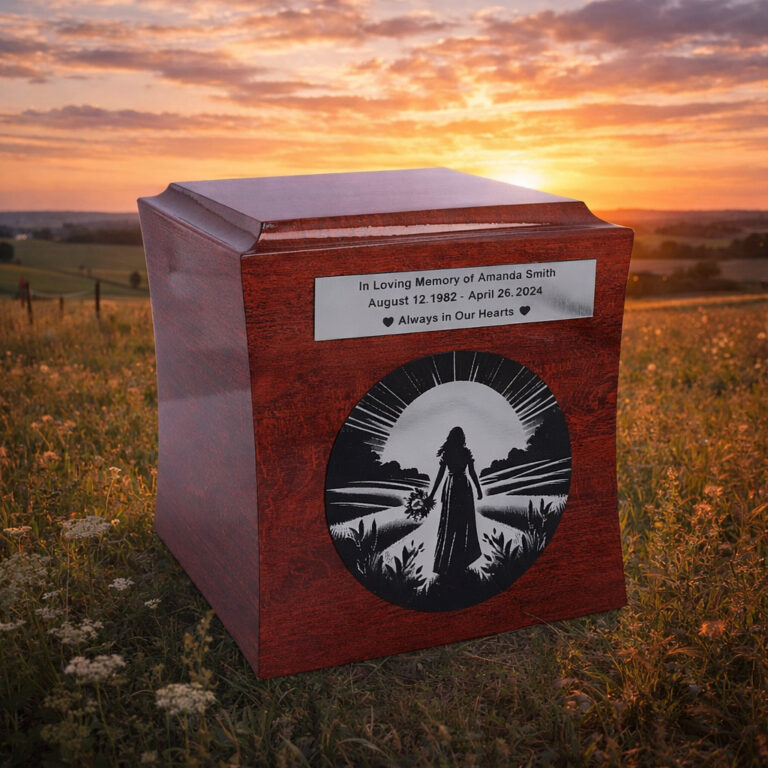 Urne funéraire en bois pour femme, ornée d'une silhouette féminine tenant des fleurs, dans une prairie paisible au coucher du soleil.