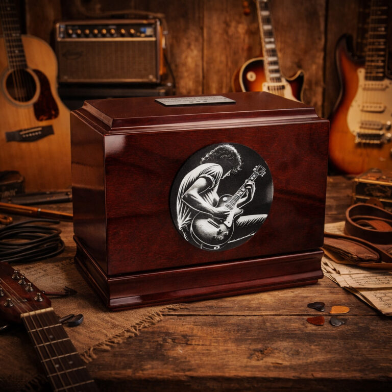 Wooden cremation urn for a guitarist with engraved musician design, displayed among guitars and music equipment.