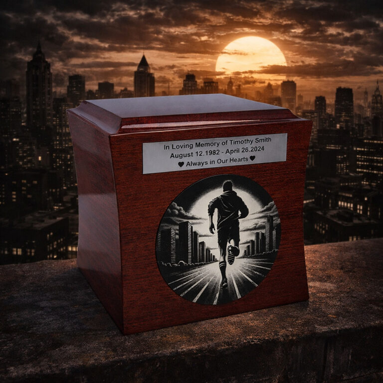Wooden cremation urn with engraved running athlete design, placed on a rooftop overlooking a city skyline at sunset.