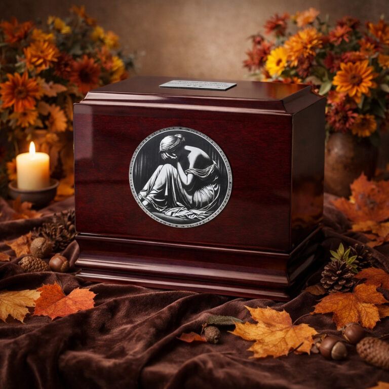Wooden cremation urn with engraved grieving woman design, surrounded by autumn leaves, candles, and warm seasonal décor.