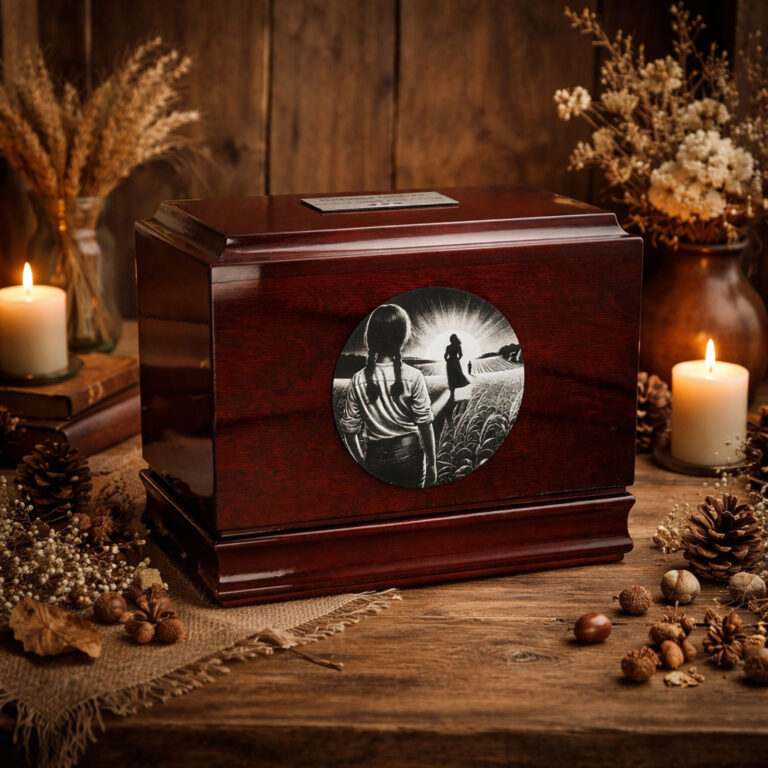 Wooden cremation urn for a mother with engraved silhouette scene, surrounded by candles and rustic décor.