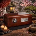 Urne funéraire en bois ornée du symbole yin-yang, présentée dans un jardin japonais paisible agrémenté de bougies, de bonsaïs et de fleurs de cerisier.