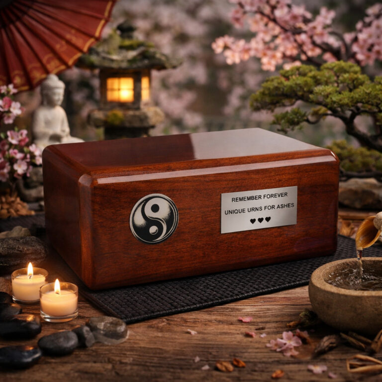 Urne funéraire en bois ornée du symbole yin-yang, présentée dans un jardin japonais paisible agrémenté de bougies, de bonsaïs et de fleurs de cerisier.