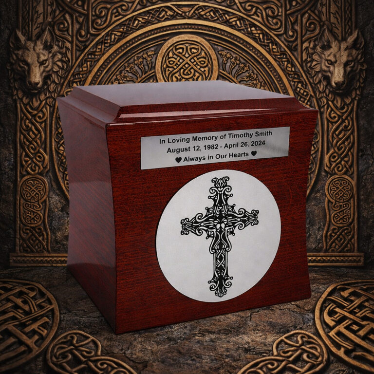 Urna funeraria de madera con cruz celta grabada, sobre un fondo decorativo ornamentado con intrincados diseños.