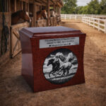 Wooden cremation urn with engraved running horses, placed in a stable yard with horses in stalls in the background.