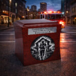 Wooden cremation urn with engraved firefighter scene, set on a city street at night with a fire truck and emergency lights in the background.