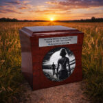 Wooden cremation urn with engraved couple silhouette, placed on a path through a field at sunset.