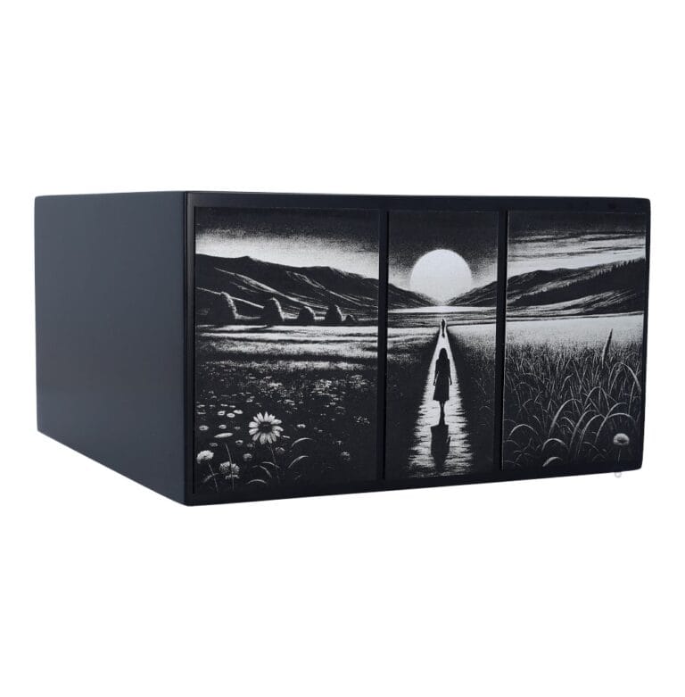 Black wooden personalized urn, triptych urn