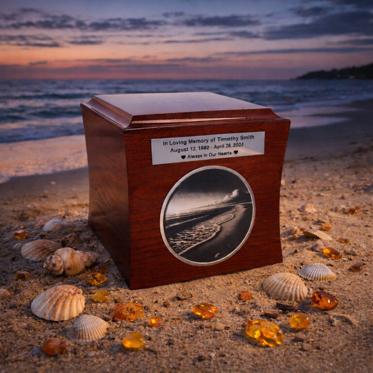 Wooden cremation urn with beach engraving, placed on sandy shore with seashells at sunset.