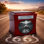 Wooden cremation urn with Route 66 engraving, placed on an open road in a desert landscape at sunset.