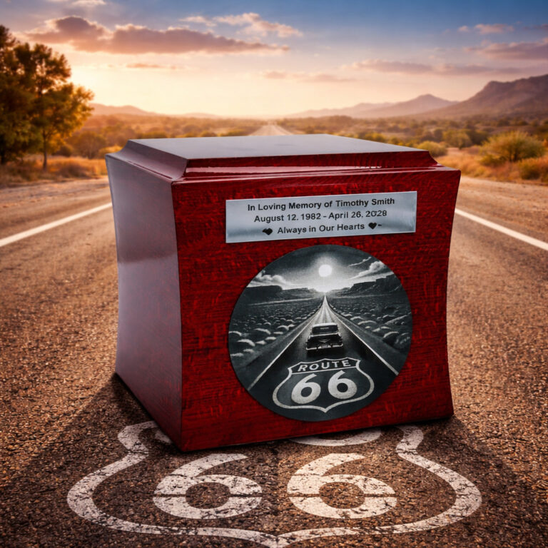 Wooden cremation urn with Route 66 engraving, placed on an open road in a desert landscape at sunset.