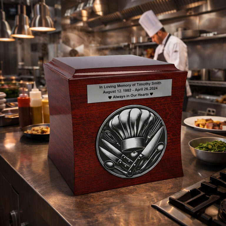 Wooden cremation urn with chef engraving, placed in a professional kitchen setting.