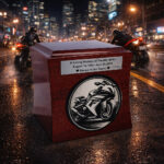 Wooden cremation urn with engraved motorcycle design, placed on a city street at night with riders in the background.