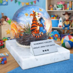 Child cremation urn with colorful cartoon tiger and donkey design, placed in a playful kids’ room setting.
