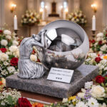 Artistic cremation urn with reflective sphere and mourning figure, placed on stone base with colorful funeral flowers.
