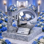 Child funeral urn with mirrored sphere and grieving figure, displayed in blue and white floral memorial setting.