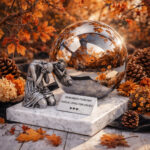 Decorative cremation urn with reflective sphere and grieving figure, surrounded by autumn leaves and flowers.