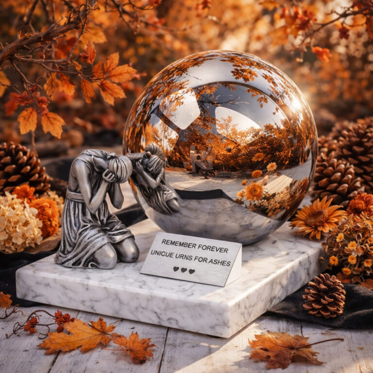 Decorative cremation urn with reflective sphere and grieving figure, surrounded by autumn leaves and flowers.