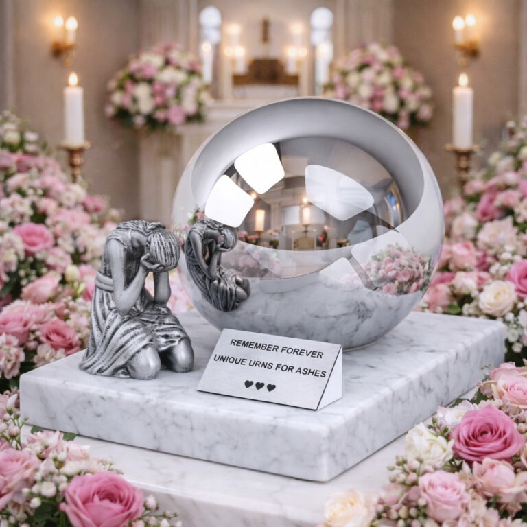 Personalized infant cremation urn with mirrored sphere and grieving angel figure, displayed in a floral memorial setting.