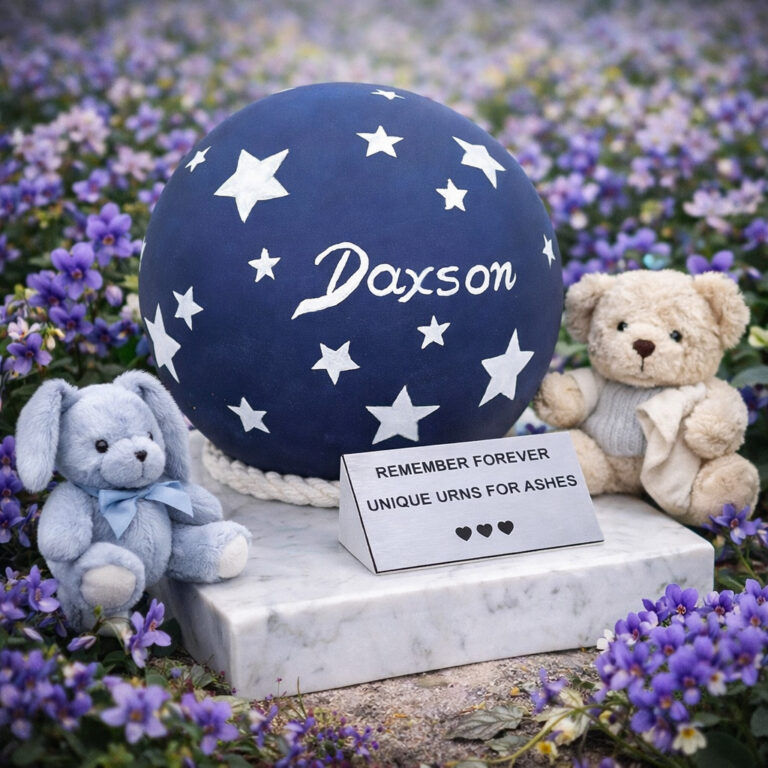 Urna cineraria azzurra per bambini con stelle e nome, esposta con orsetti di peluche in un campo di fiori.