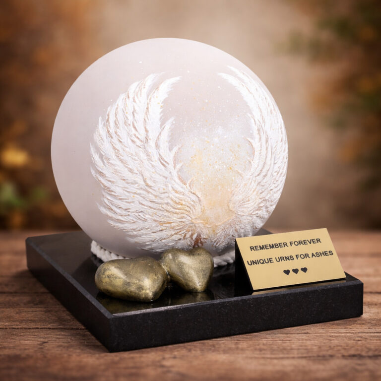 Decorative round cremation urn with angel wings design, placed on a black base with gold heart accents.