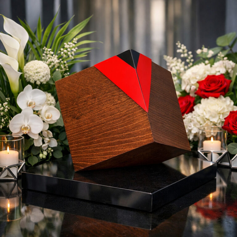 Modern wooden cremation urn with red geometric accent displayed on a black pedestal surrounded by elegant floral arrangements.