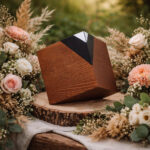 Elegant wooden cremation urn with black geometric accent displayed on a natural wood slab surrounded by soft floral arrangements.