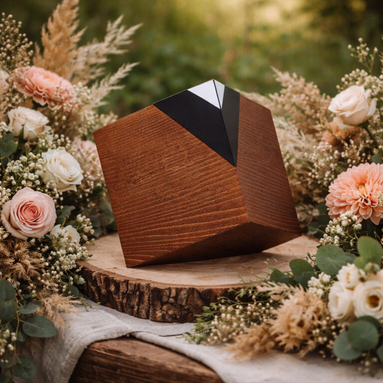 Elegant wooden cremation urn with black geometric accent displayed on a natural wood slab surrounded by soft floral arrangements.