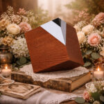 Modern wooden cremation urn with geometric design placed on a vintage book surrounded by flowers and candles.