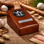 Urna funeraria de madera con grabado de jugador de béisbol, rodeada de equipo de béisbol que incluye bate, guante y pelotas sobre una mesa rústica.